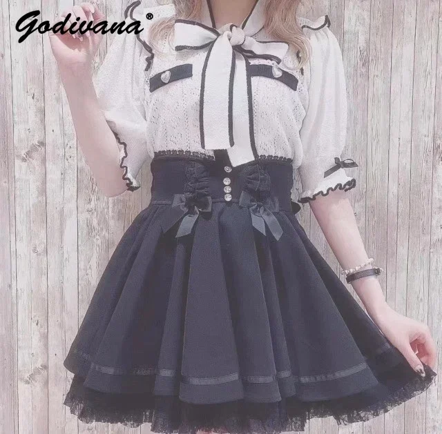 

Japanese Liz Mine Mass-Produced Sweet Girls Rhinestone Black Short Skirts Lace Bow Slimming High Waist A-line Skirt Faldas Mujer