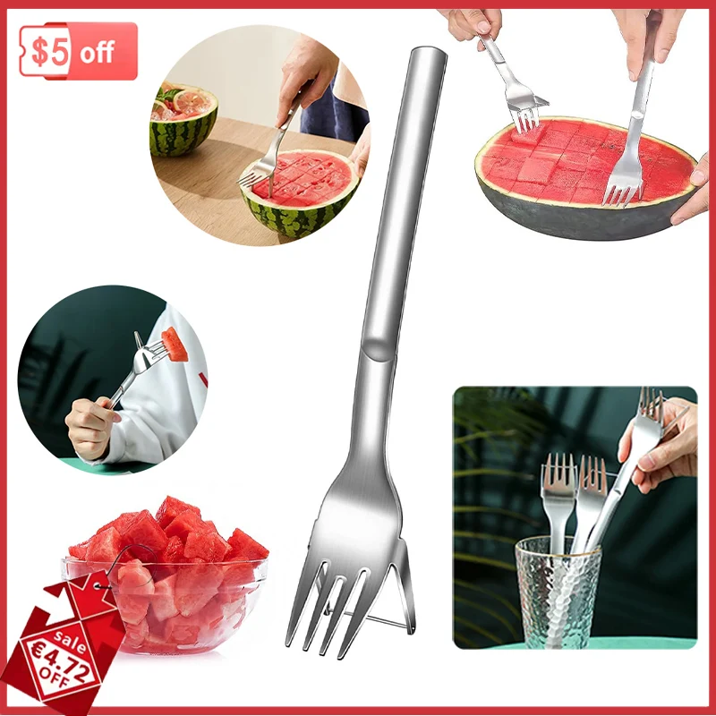 Watermelon Slicer Fruit Cutter Multi-Purpose Vegetable Tongs Coring Tool Cutting Gadget Watermelon Fork Cube  Portable Cutter