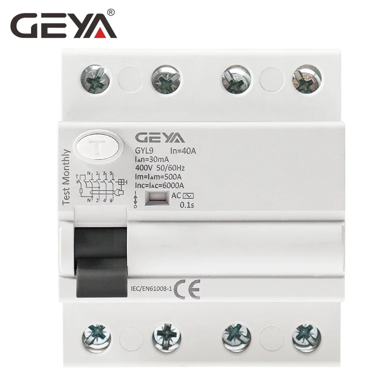 GEYA GYL9 AC Residual Current Circuit Breaker Differential Breaker Safety Switch 4P 25A 40A 63A 100A ELCB 30mA 100mA 300mA