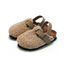 Bambino neonati maschi ragazze calde pantofole sfocate sandali in peluche sughero Faux Fur Flats Toddler Prewalker Slipper cinturino posteriore elastico