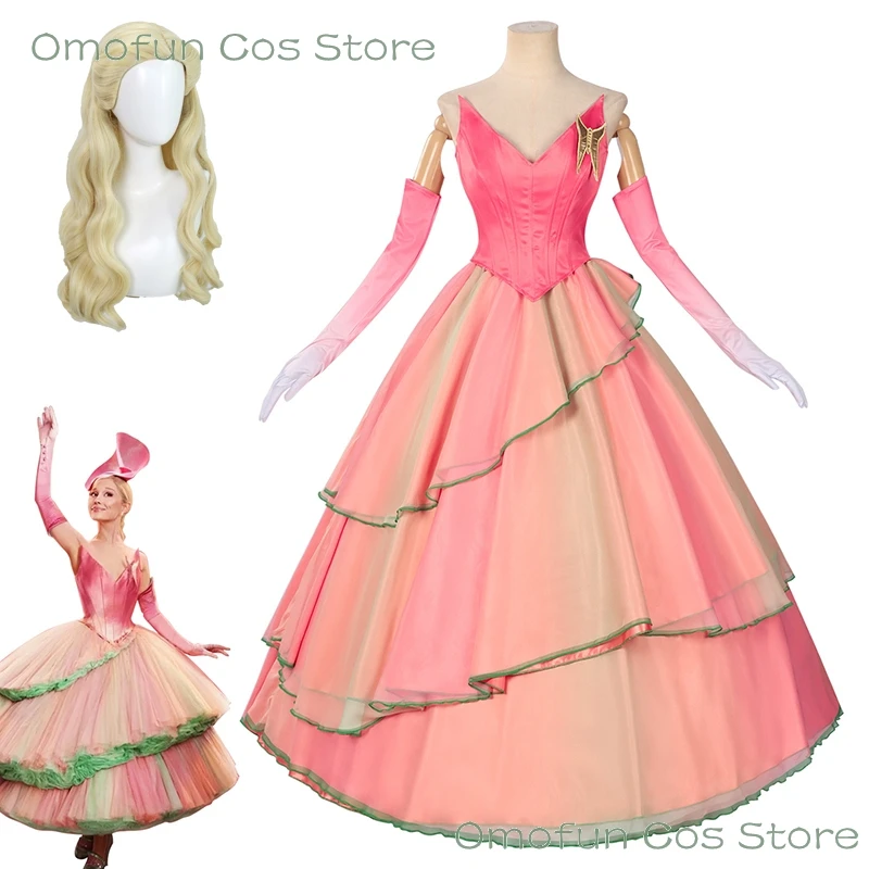 الشريرة 2 Glinda تأثيري الوردي فستان الأميرة فستان طويل يتوهم زي المرأة الساحرة هالوين النساء ملابس الحفلات شعر مستعار فيلم 2025 جديد