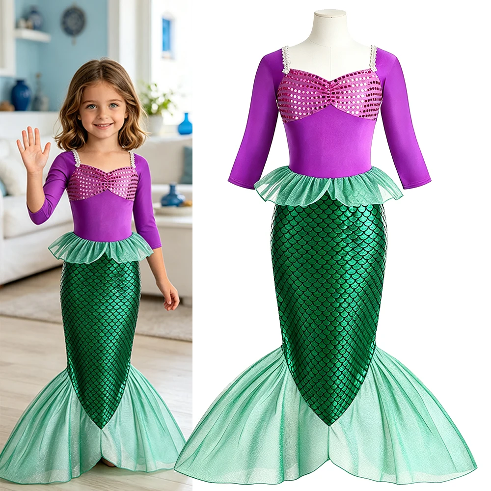 Girls Long Sleeve Mermaid Tail Costume Scale Print Kids Sea Theme Book Week Parade Outfit Carnival Birthday Party Fancy Dress