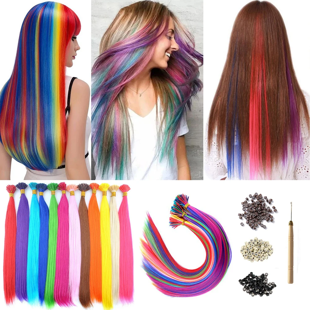 Synthetic Colorful Stick Hair extensions Set 65Pcs/pack 13 Color 20inch Long Straight High Temperature Fiber Hair Extension Heat