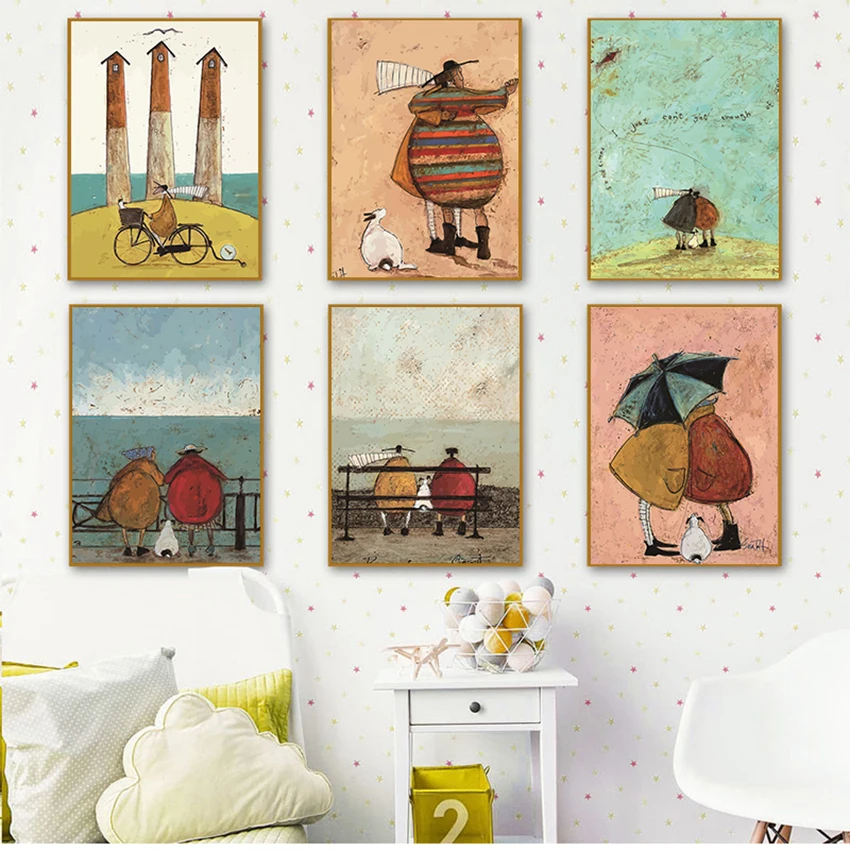 Plakaty i Wydruki Obrazy Salon Wystrój Domu Vintage Nordic Abstrakcyjny Krajobraz Miłość Psy Zwierzęta Obrazy na Płótnie Wall Art
