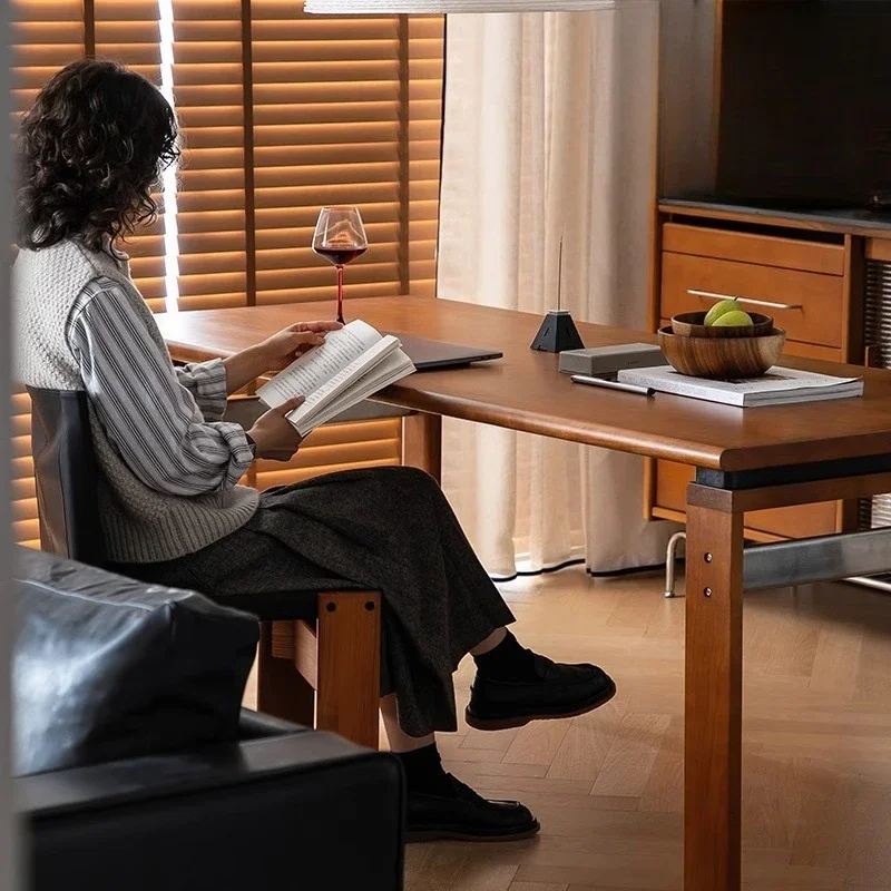 Mesa de comedor nórdica de madera maciza gruesa, mesa de comedor retro para el hogar, mesa de trabajo de madera de cerezo medieval