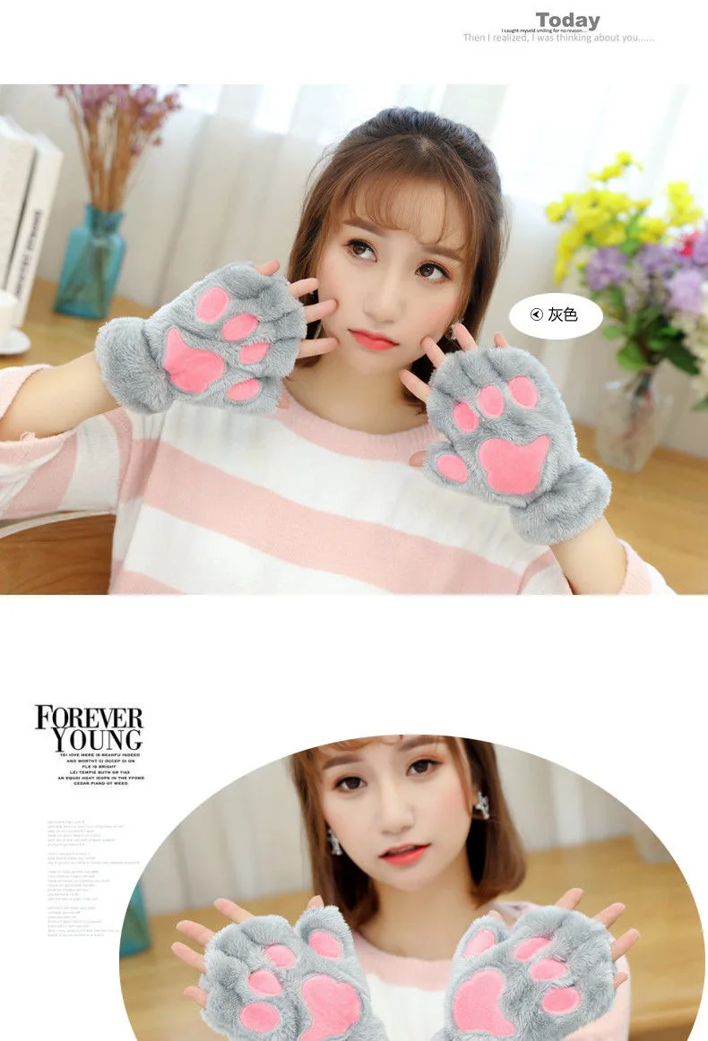 Cute Cat Claw Gloves Women Thermal Half Finger Kawaii Lady Velvet Thick Winter Cartoon Halter String Student Gloves