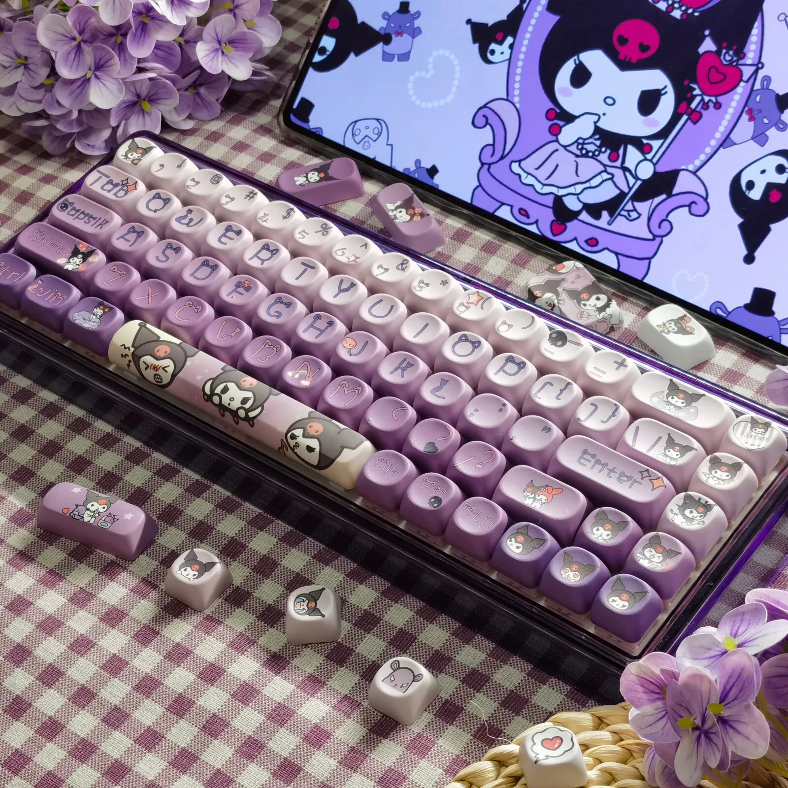 Anime Sanrio Kuromi Gradient Purple Keycaps MOA Profile PBT Sublimation Cute Cartoon Custom MX Switch Mechanical Keyboard Keycap