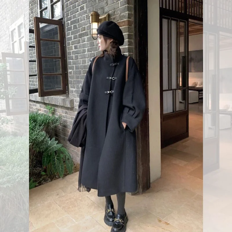 

plus Size Women's Woolen Coat with Horn Buttons Autumn Winter Thiened Casual Sle Mid-Length Korean Version Pure Color