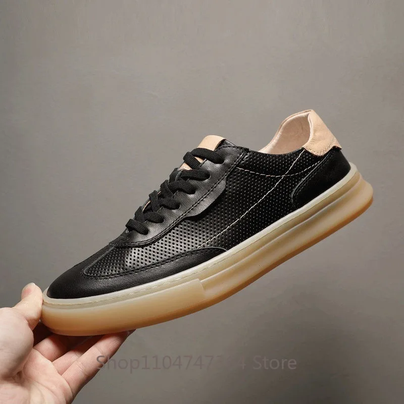 European Men's Shoes Summer New Genuine Leather White Black Cowhide Thick Sole Hollowed Out Casual Shoes Male Hiking Flats