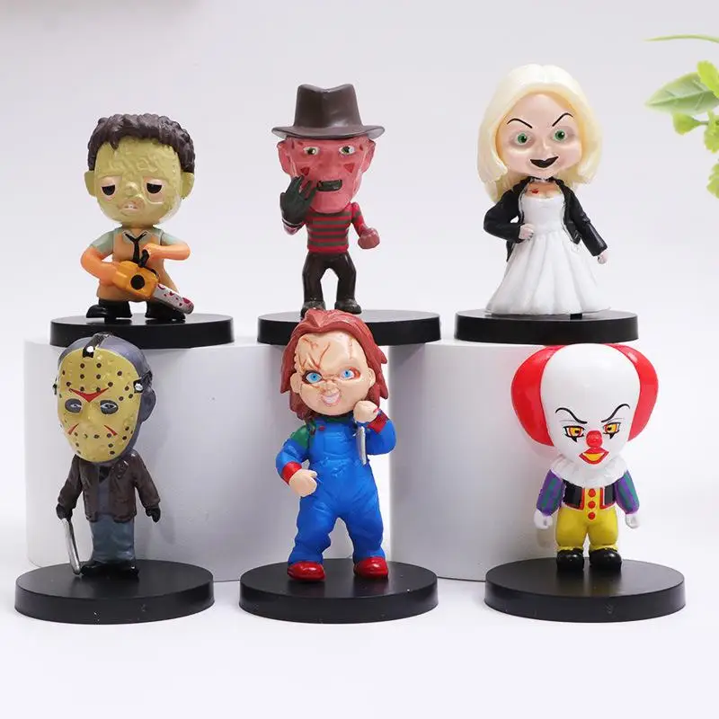 6 Pcs/Set Q Ver 5-5.5cm Figure Chucky Leatherface Jason Voorhees Freddy Krueger Clown Doll Toy Model Halloween Gift Decor Statue