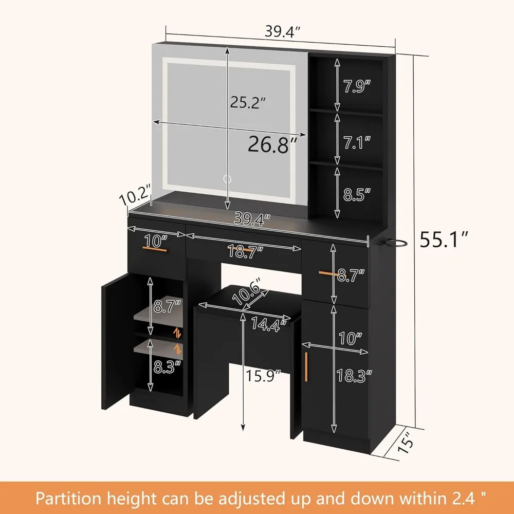 Vanity Desk with LED Lighted Mirror, Stool, Drawers, Cabinet and Charging Station, Bedroom Makeup Vanity Desk