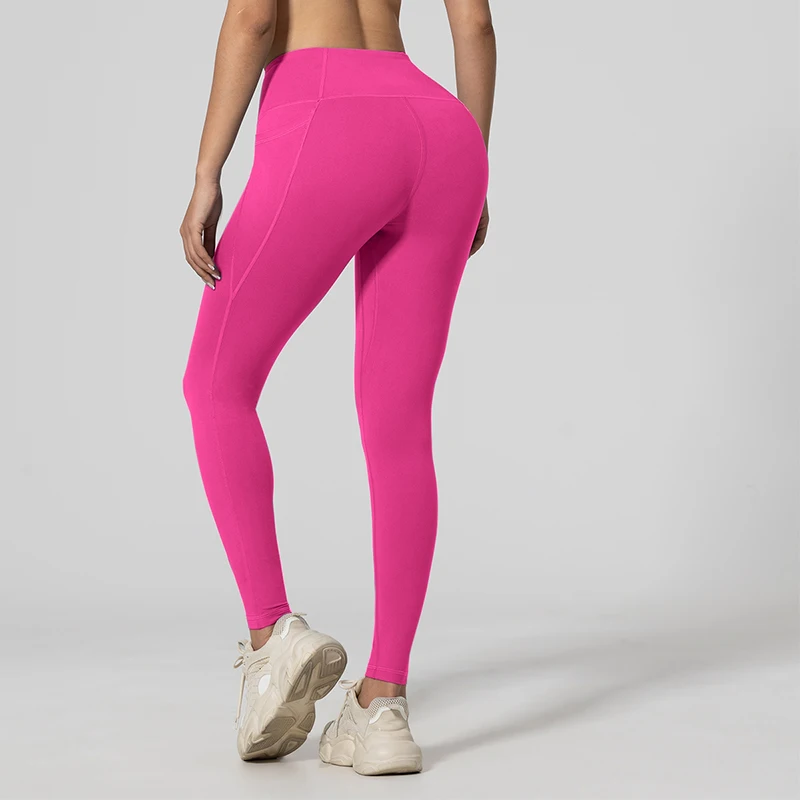 Mulheres sem costura leggings com bolsos cor sólida cintura alta bunda levantamento collants fino elástico leggings roupas esportivas