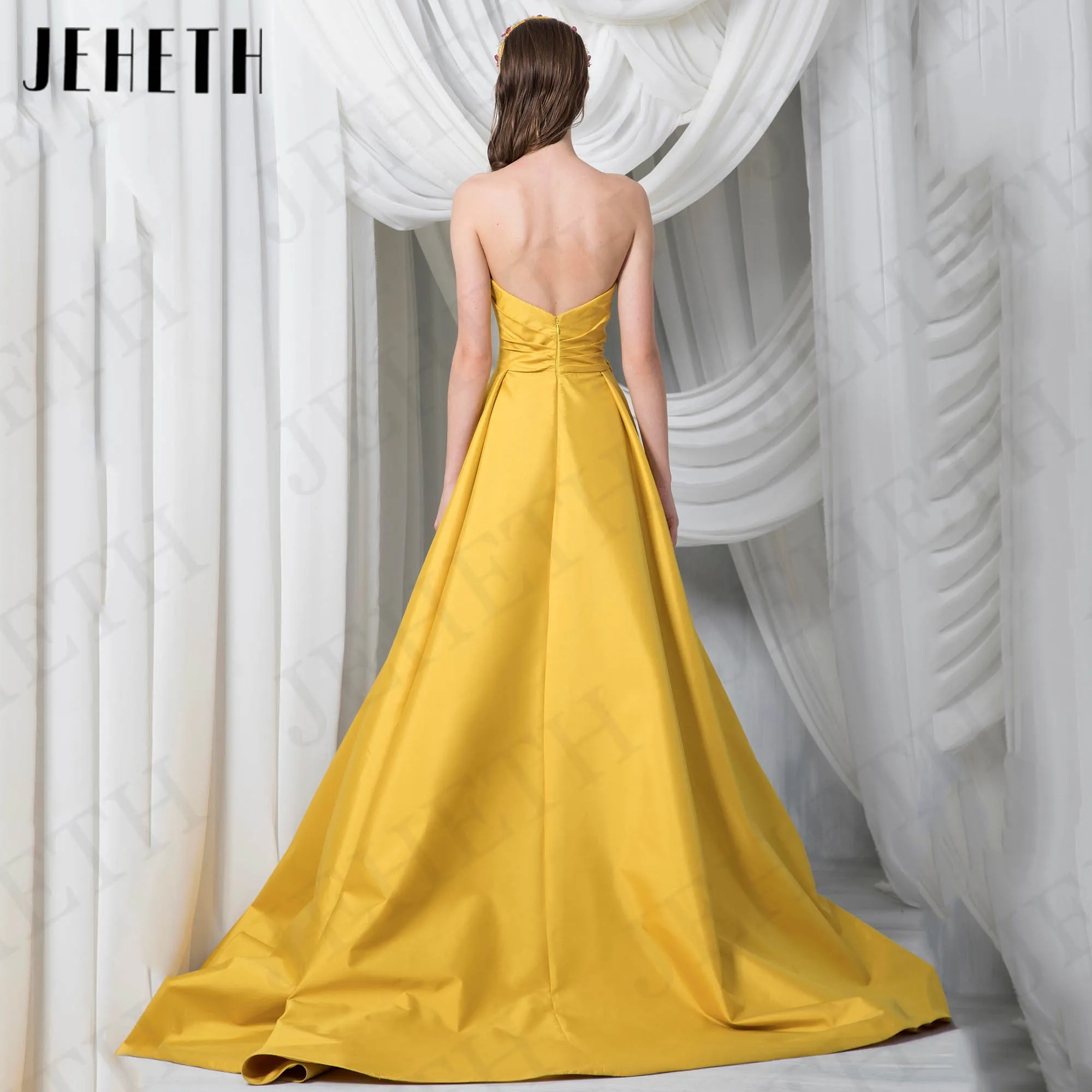 JEHETH Simple Satin Strapless Evening Dresses Woman Elegant Split Sweetheart Neck Formal Party Dress vestido de noche Yellow