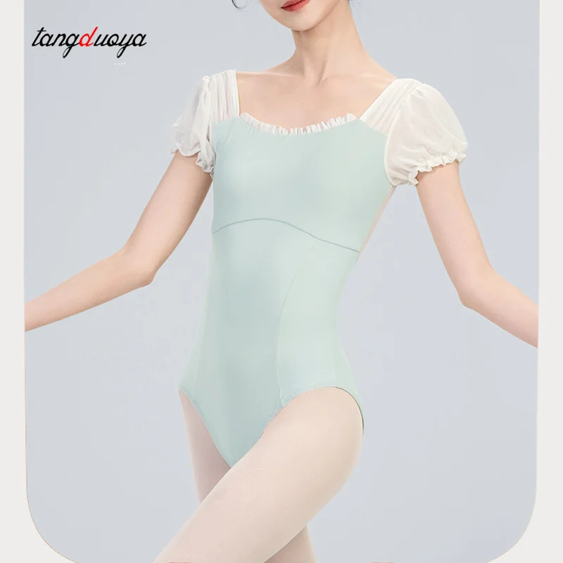 

Женский балетный купальник с квадратным вырезом и пышными рукавами, взрослый гимнастический боди с сетчатыми вставками, танцевальный купальник