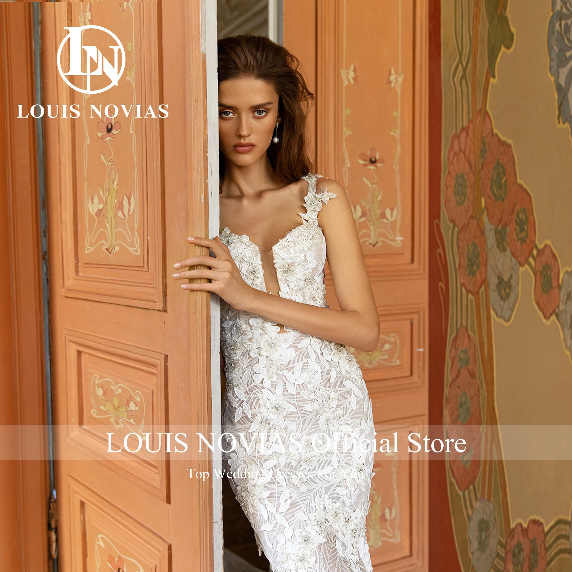 LOUIS NOVIAS حورية البحر فستان الزفاف للنساء السباغيتي الأشرطة الحديثة ثلاثية الأبعاد الزهور الديكور يزين ذيل شابيل ثوب زفاف