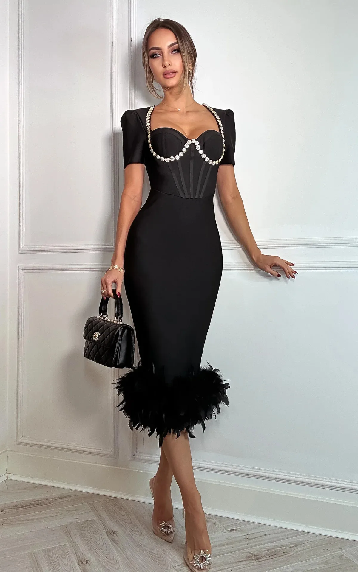 

Black Color Women Sexy Sqaure Collar Short Sleeve Bodycon Bandage Mid-calf Dress Celebrate Evening Party Cocktail Dress