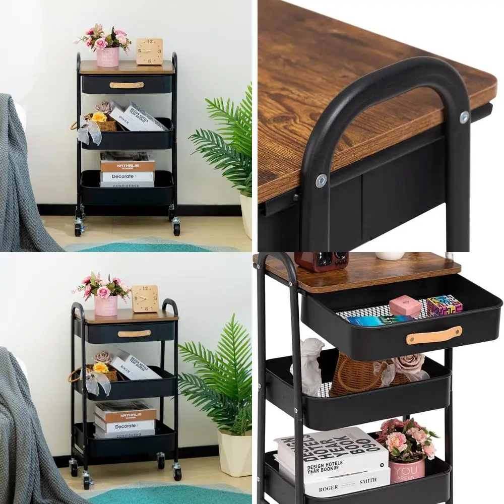 

3-Tier Metal Cart with Drawers and Hanging Cups, Mobile Storage Trolley for Home and Office, Black