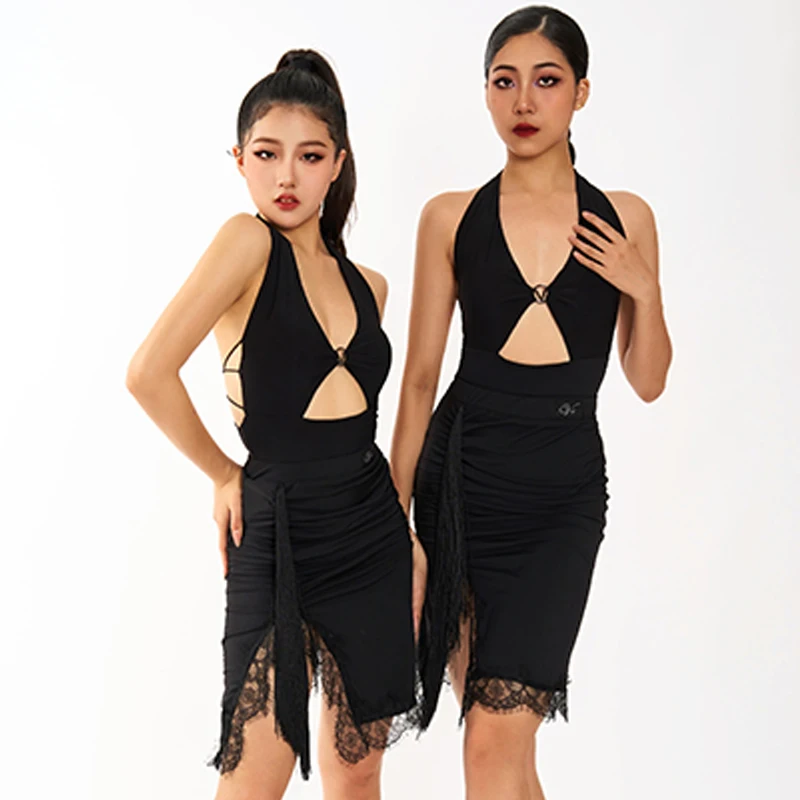 Sexy Latin Dance Dress Women Backless Tops Metal Rings Black Lace Latin Skirt Adult Rumba Salsa Performance Dancewear DNV19806