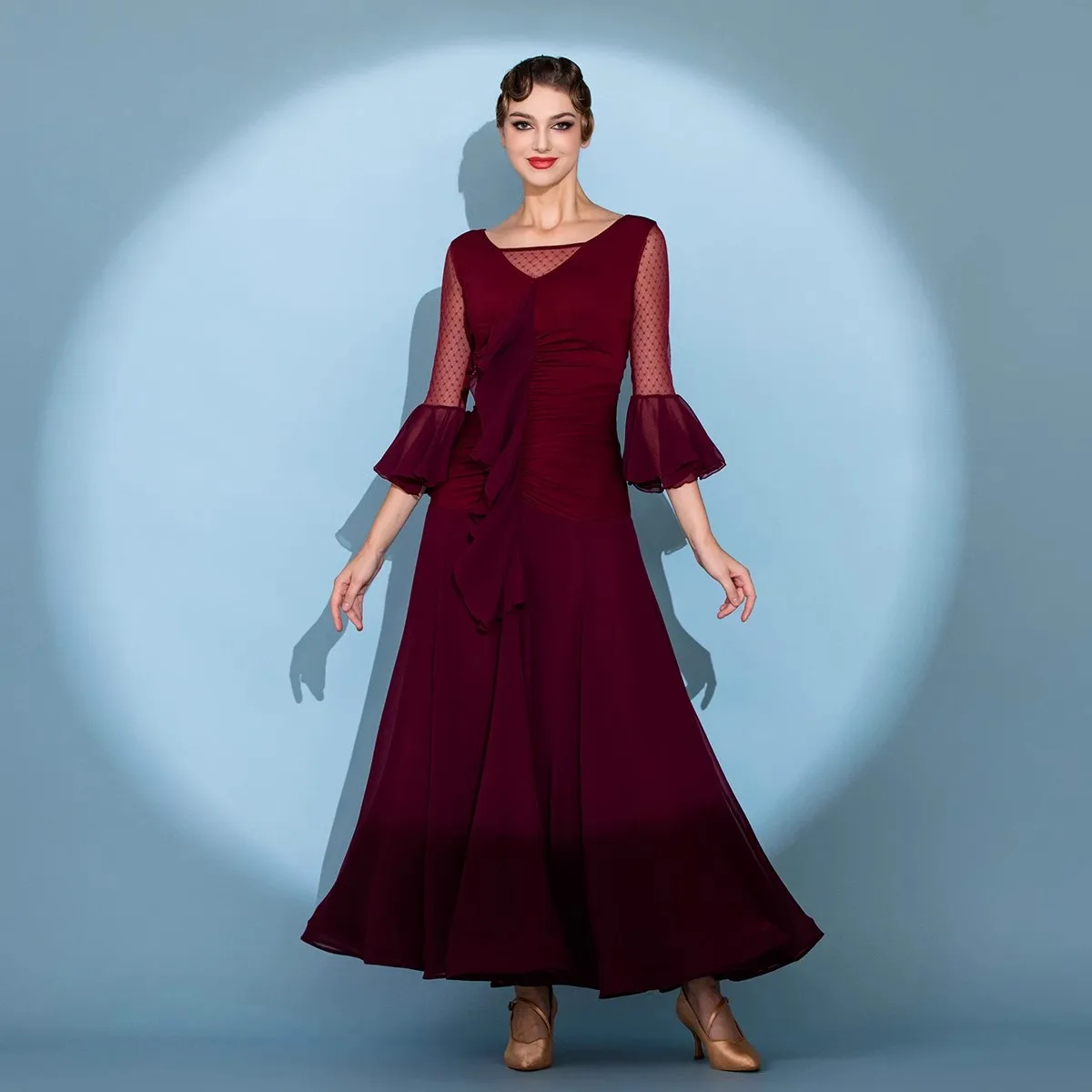 새로운 볼룸 댄스 대회 드레스 플로트 슬리브 여성 모던 댄스웨어 의상 스탠다드 왈츠 연습복