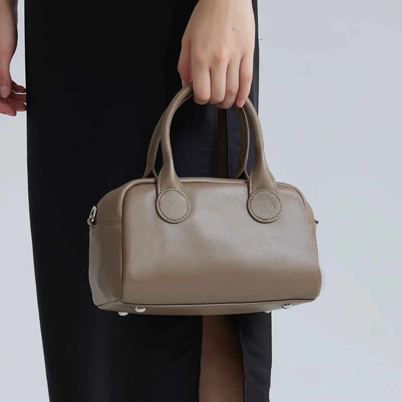 Women's Genuine Cowhide Leather Mini Boston Handbag Luxury Pebbled Leather Top Handle Crossbody Bag Soft Pastel Shoulder Purse