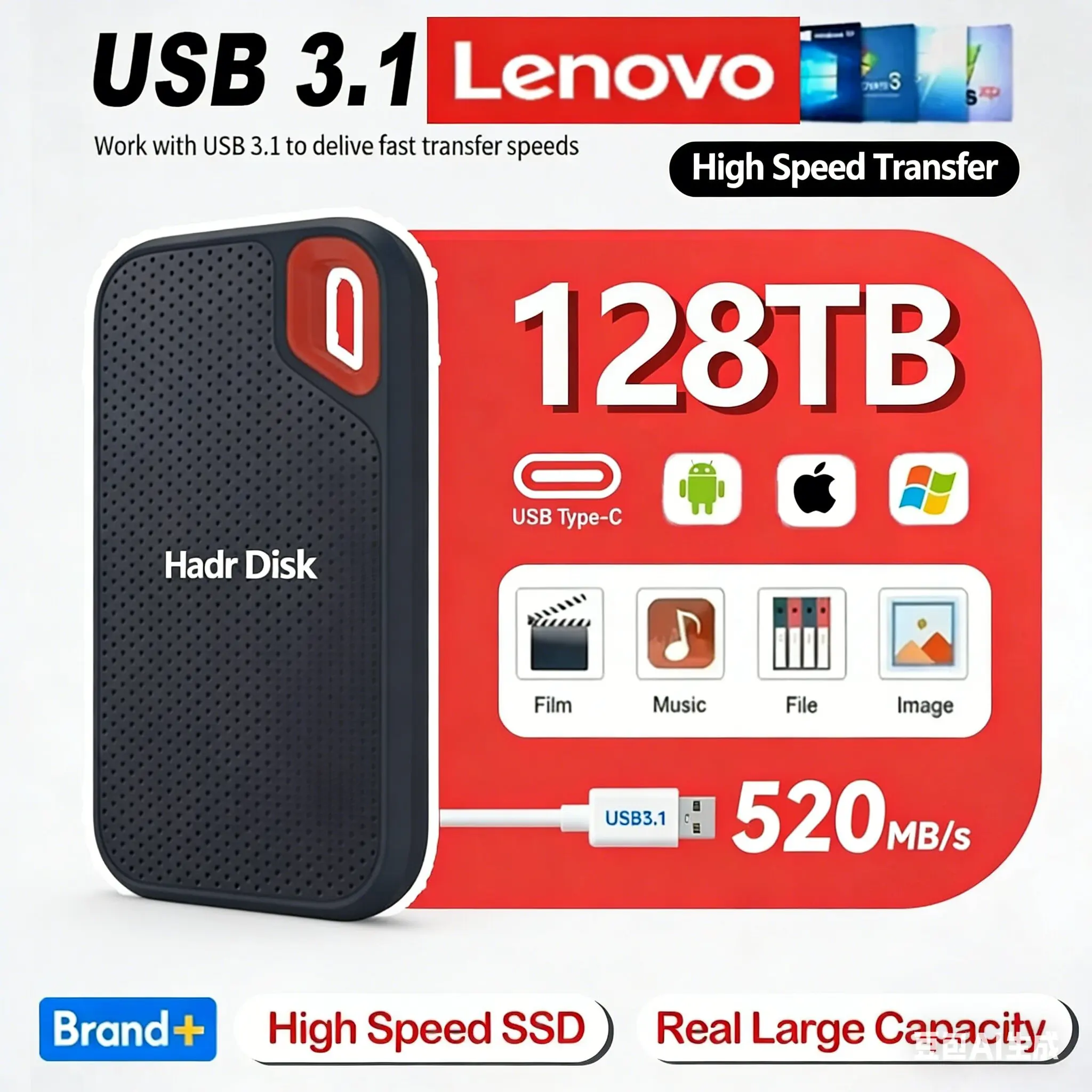 

Внешний твердотельный накопитель Lenovo Mobile SSD E61 6 ТБ, 8 ТБ, 256 ТБ USB 3.1 для ноутбуков, PS5, мобильных устройств
