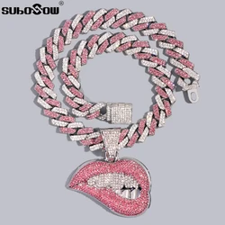Fashion Bite Lip Shape Pendant Necklace for Women Bling Iced Out Chain Pink Crystal Miami Cuban Chain Hip Hop Necklaces Jewelry