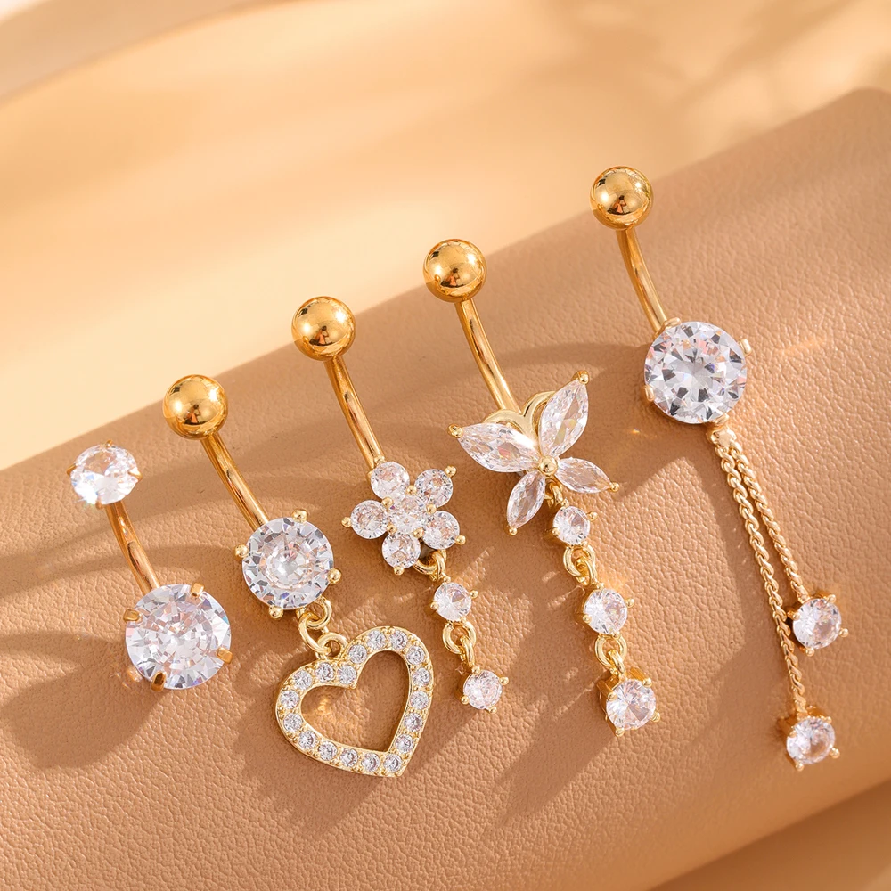 

14G Gold Color Series Butterfly Dangled Belly Piercing Sets 5PCS/Lot Heart Flower Curved Navel Navel Ring Belly Button Rings