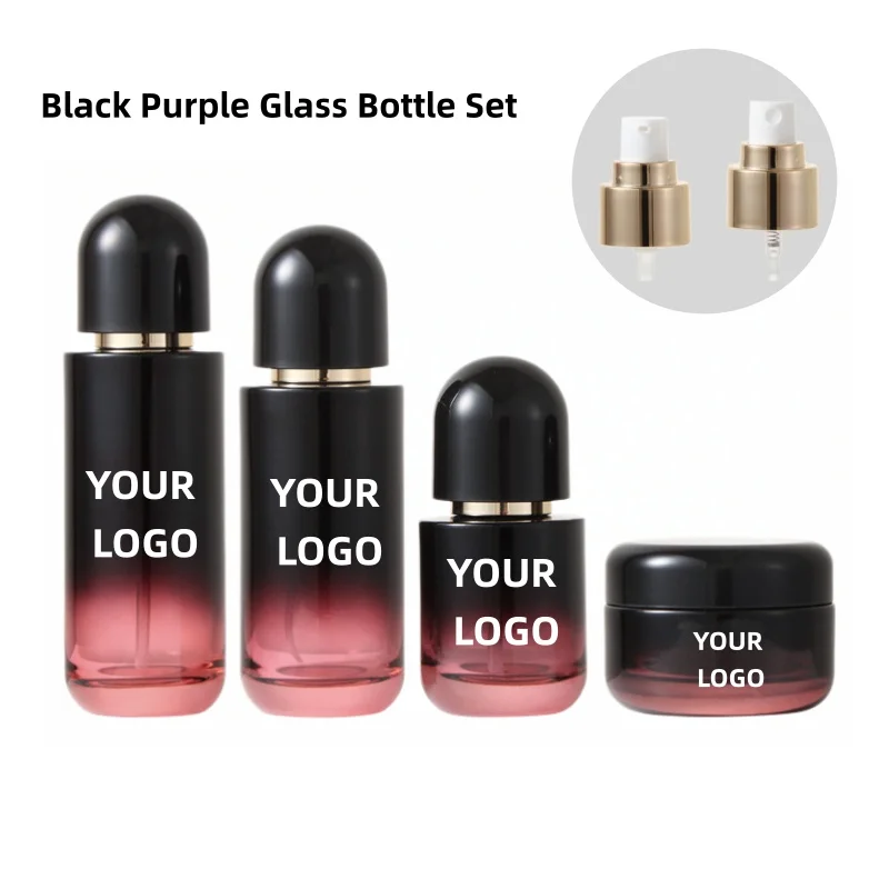 【Logo Custom】1Pcs Blackish Purple Glass Cosmetic Set 50g Face Cream Jar 100ml Makeup Lotion/Spray Bottle Screen Printed