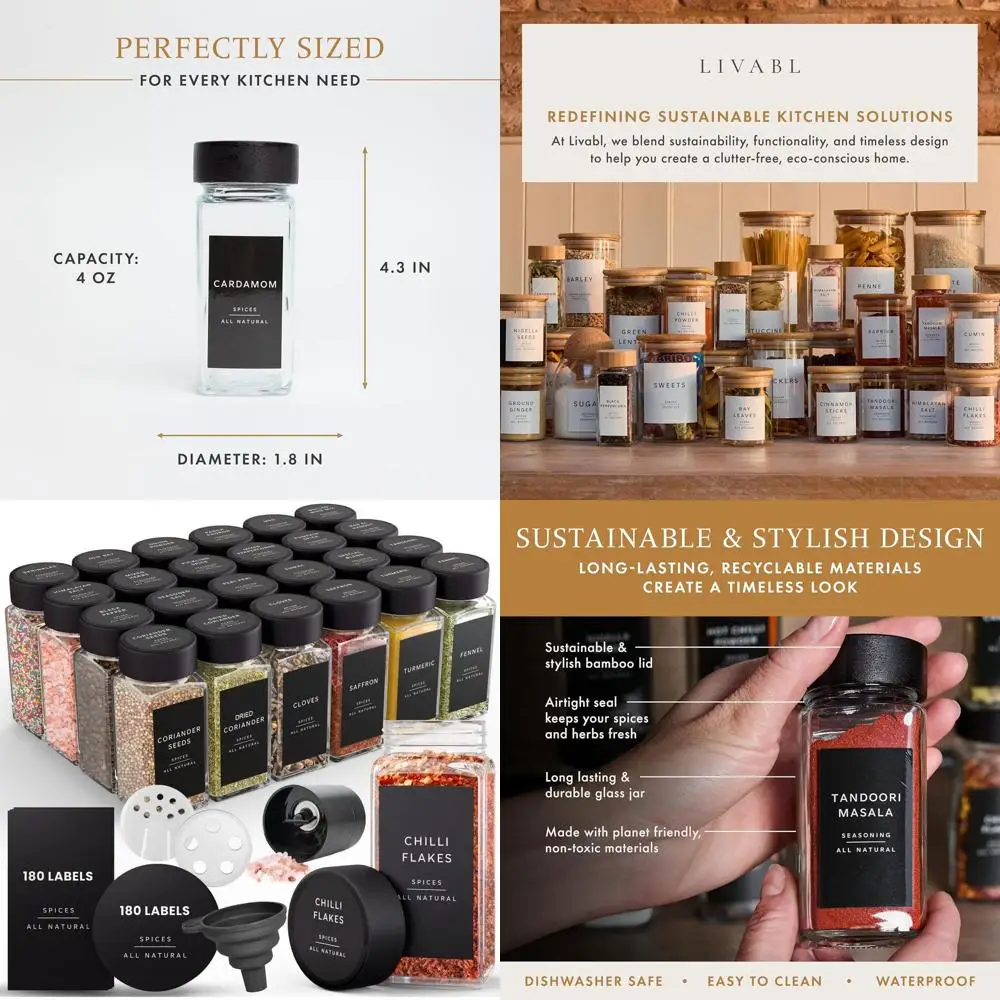 

24 стеклянные банки для специй на 4 унции с бамбуковыми крышками, шейкером и вариантами измельчения для эффективной организации кухонных специй