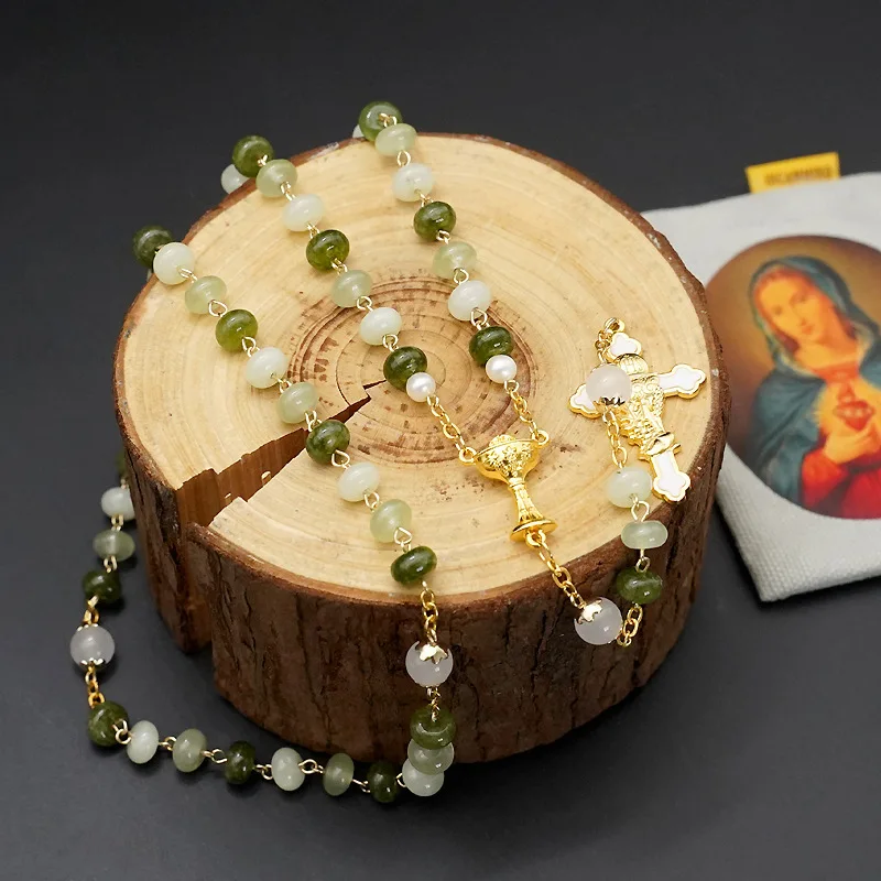 

Catholic Christian Rosary Cross Necklace Gradient Green Chalcedony Abacus Beads Rose Prayer Beads Holy Eucharist