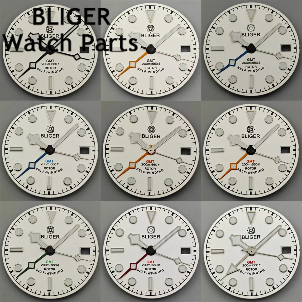 BLIGER 화이트 다이얼 실버 엣지 타임 마크, 그린, 블루, 레드, 오렌지, GMT 마크, 핸드 세트 포함, 그린 루미너스 핏, NH34 무브먼트, 29mm