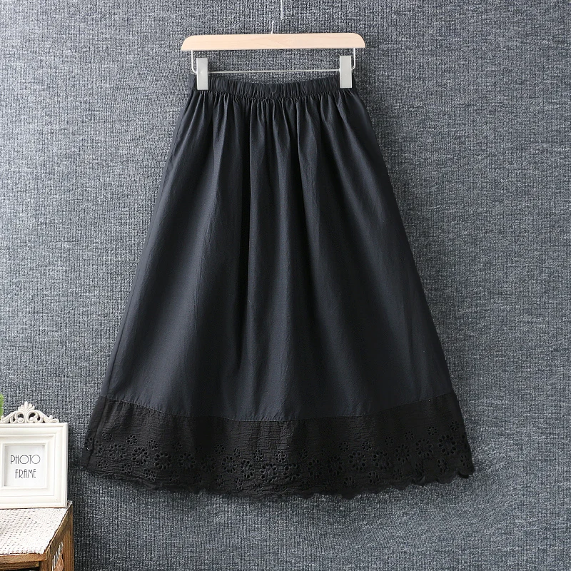 Sprign Summer Sweet Mori Girl Solid Color Hollow Out Hem Patchwork A-Line Skirt Women Elastic Waist Casual Loose Midi Skirts
