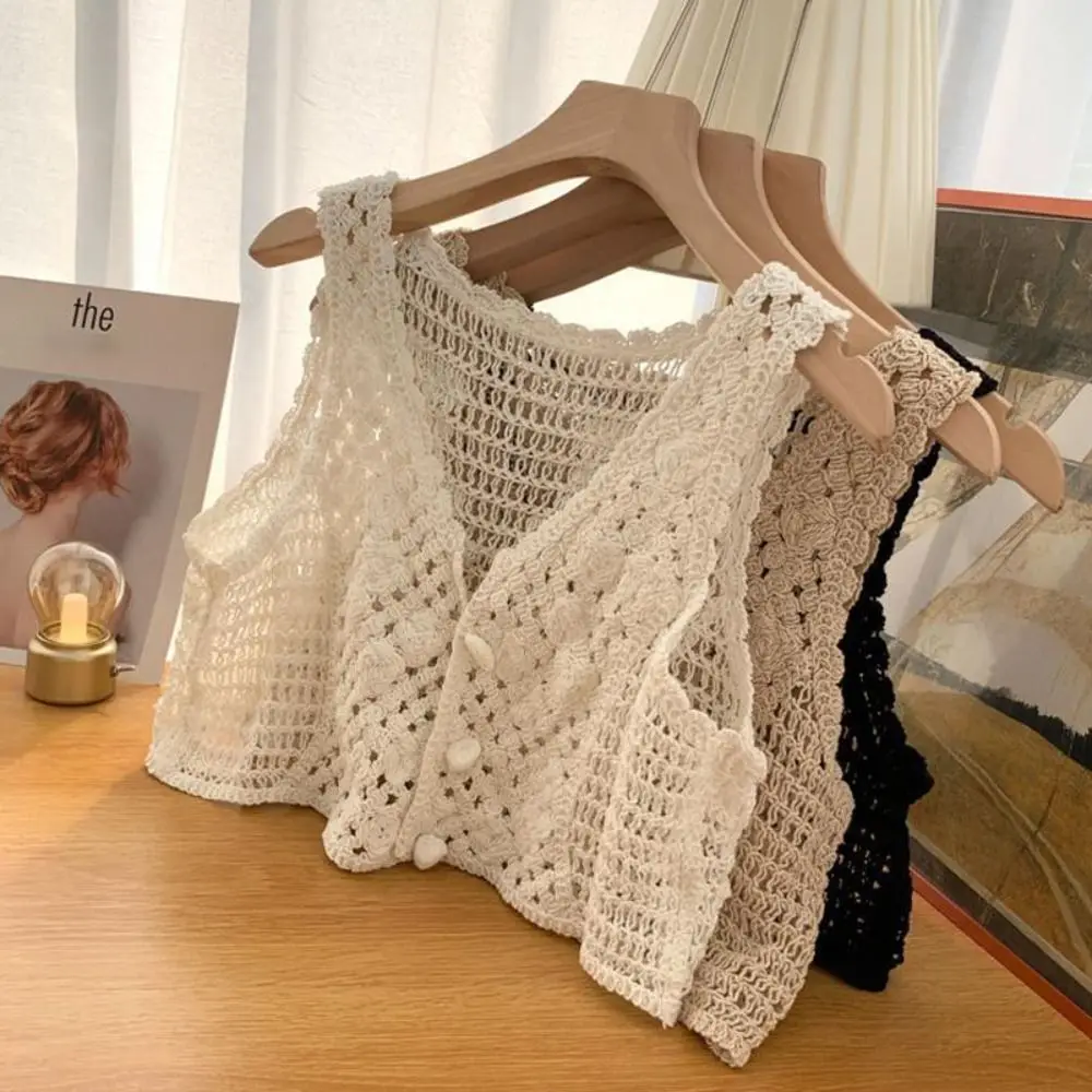 Vintage Hollow Out Vest Crochet Crop Tank Tops Knitted Sleeveless Fabric Casual Tops Chic Beach Buttons Up Cardigans Women