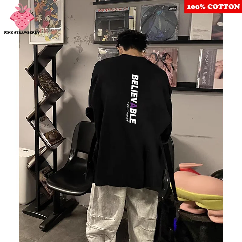 

American Street letter Print T-shirt Men Autumn 2025 New 100% Cotton Sports Gym Loose Long sleeves T-shirt Top Y2k Male clothing