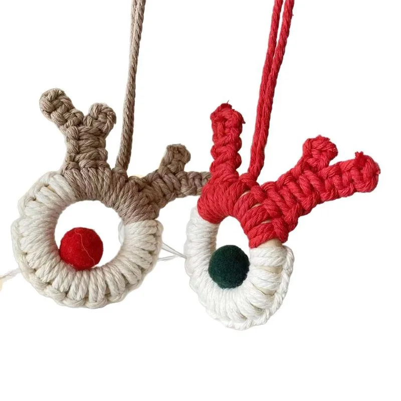 Christmas Hand Woven Deer Ornament Crochet Reindeer Hanging Pendant Car Rearview Mirror Decor Holiday Party DIY Accessory