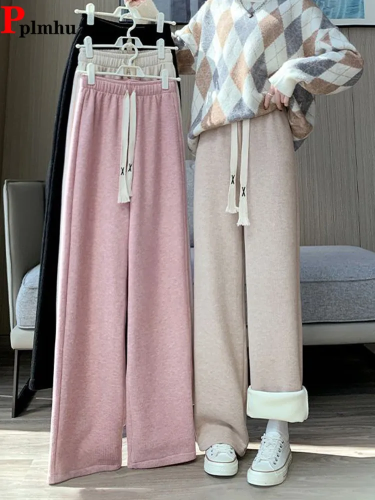 

Warm Thicken Add Velvet Straight Pant Korean Winter Plush High Waist Pantalone Casual Baggy Snow Wear High Waist Spodnie New