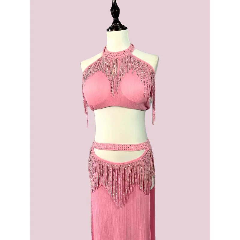 customized Light luxury belly dance costumes practice outfit set hot diamond tassel performance group outfit top skirt hip towel