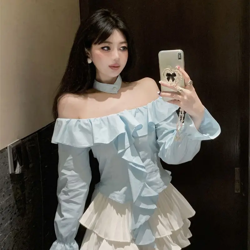 

French Coquette Luxury Elegant Woman Off-the-shoulder Blouse Ruffle Trim Halter Neck Off Shoulder Crop Top Y2k Streetwear