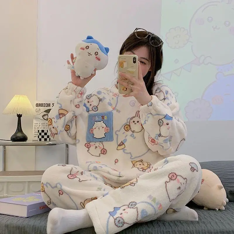Anime Chiikawa Girl Pajamas Winter Sleepwear Women's Hachiware Thickened Velvet Home Clothes Cartoon Usagi Flannel Coral Gift
