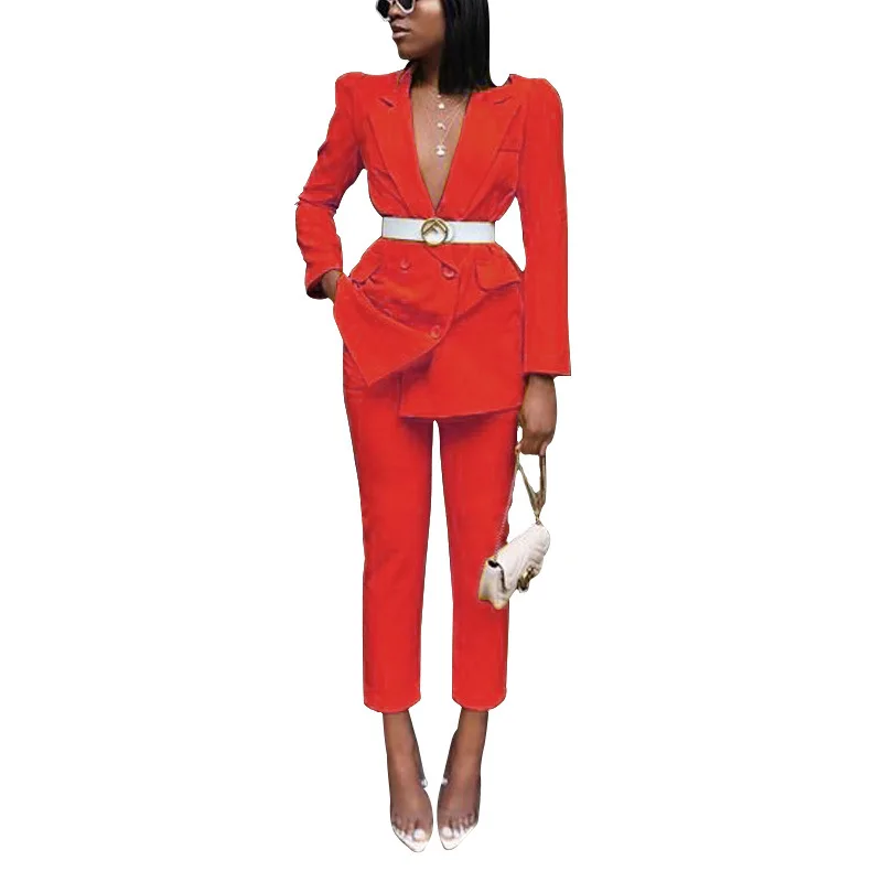 Spring Women Solid Long Sleeve Blazer Jacket Casual Pants Suit Office Lady Elegant Button Yellow 2 Piece Set OL Business Outfits