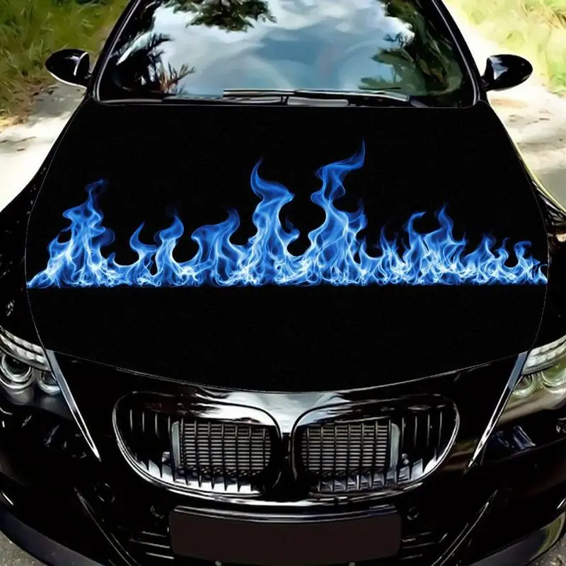 

Bright blue flame dynamic car hood sticker, pure black background car hood decal, eye-catching car hood pattern, decorative