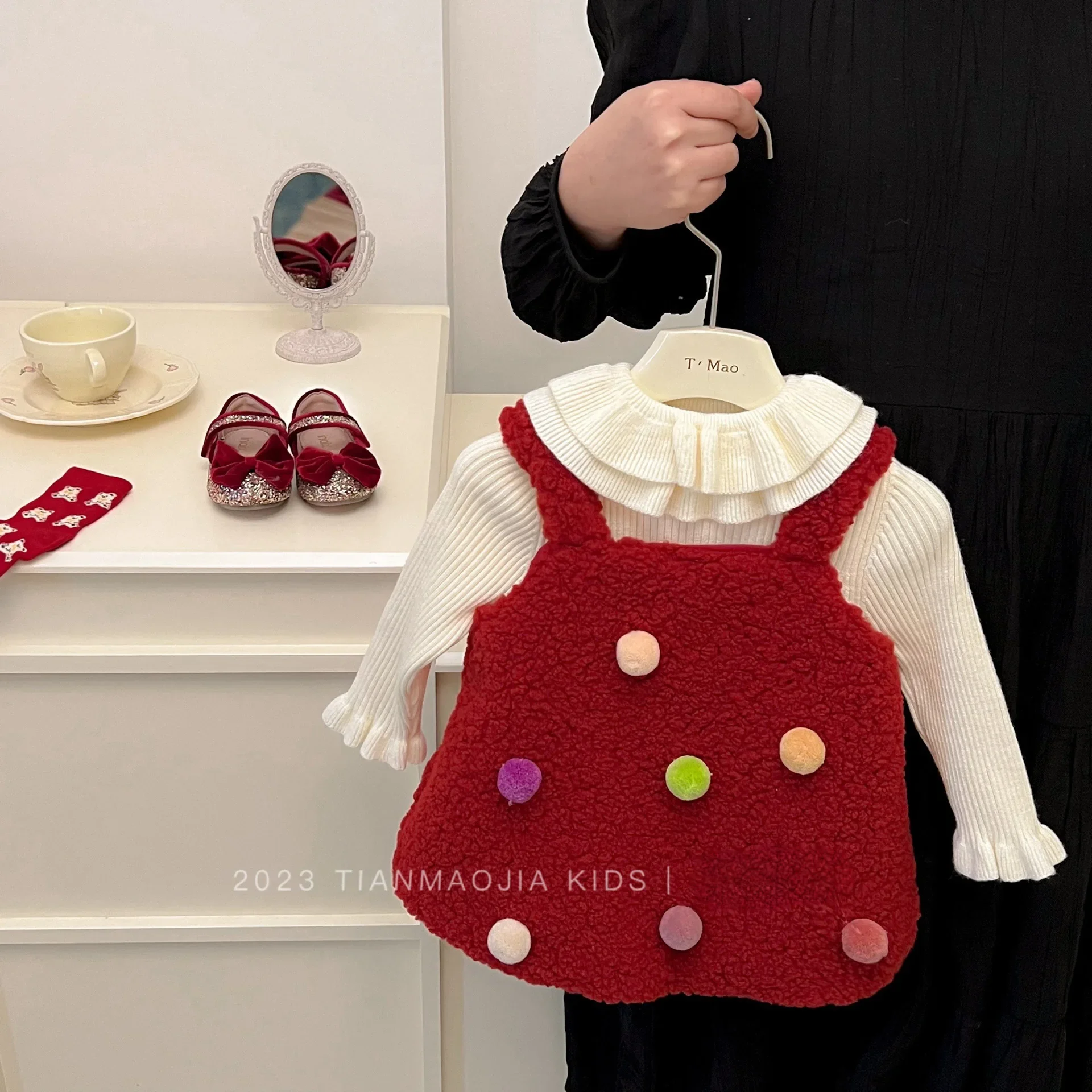 

Baby Girl Dress Cute Woolen Dress Winter Girl Plus Fleece Thickened Flower Buds Vest Skirt Korean Simple Style Clothes Fashion