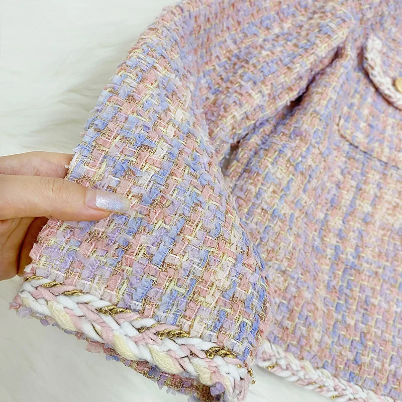 Růžový vlněný tvídový pletený krátký kabát pro dámy, podzimní a zimní, těžký pracovní módní kulatý výstřih, otevřený kardigan, moderní polyesterová tkanina - náhled 3