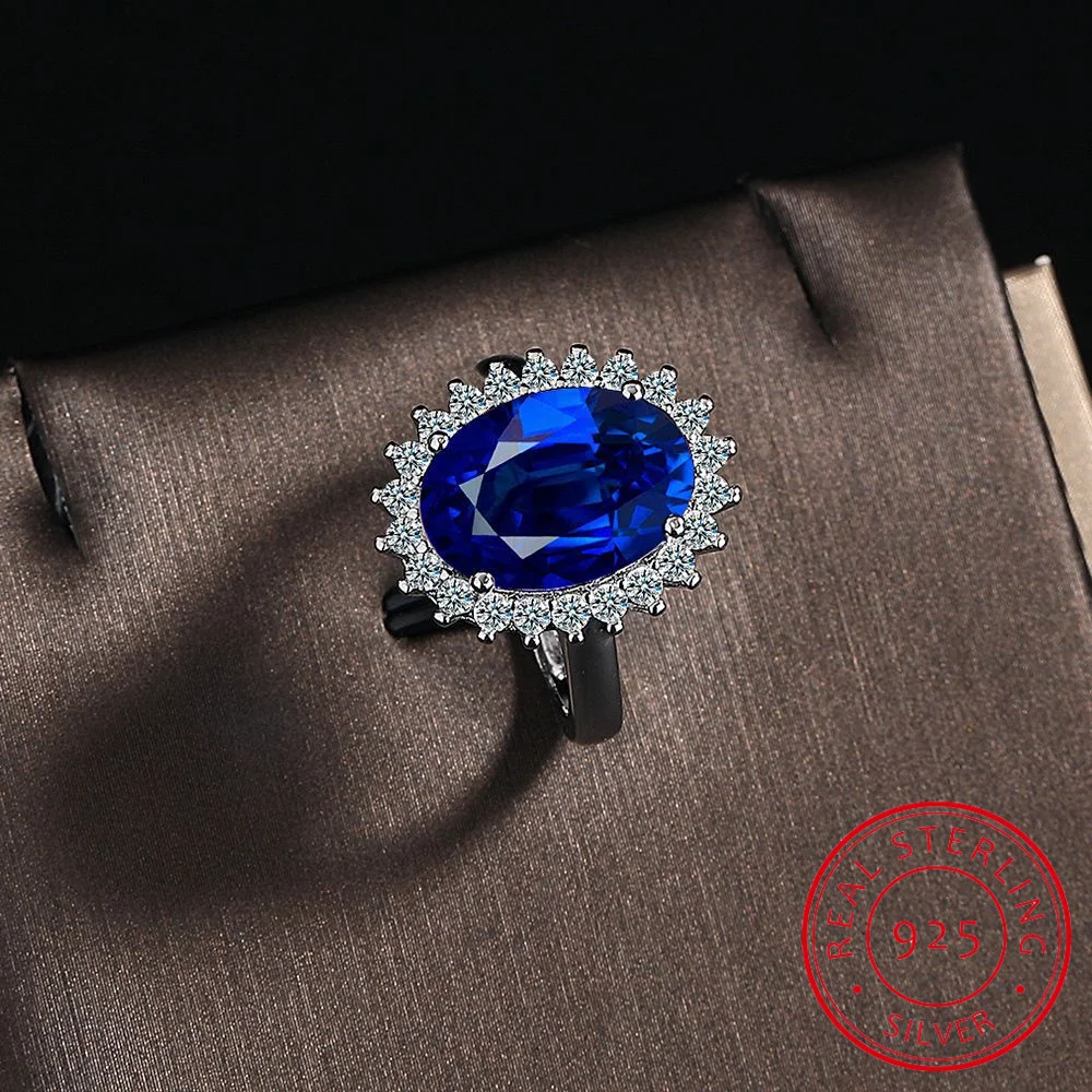 Princess Diana Created Blue Sapphire 925 Sterling Silver Ring Adjustable for Women Fashion Oval Gemstone Jewelry Wedding Gift