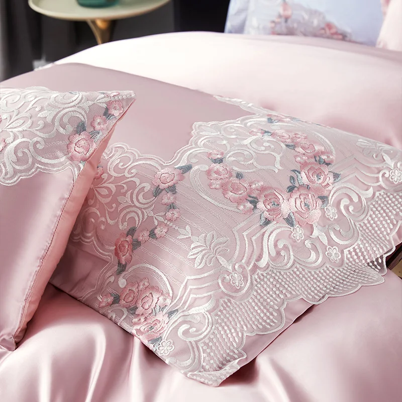 Imagem -03 - High End Hotel Wedding Bedding Grupo Cama de Linho Duvet Cover Bordado 600 Fio Longo Grampo Algodão Rosa Princesa Pcs