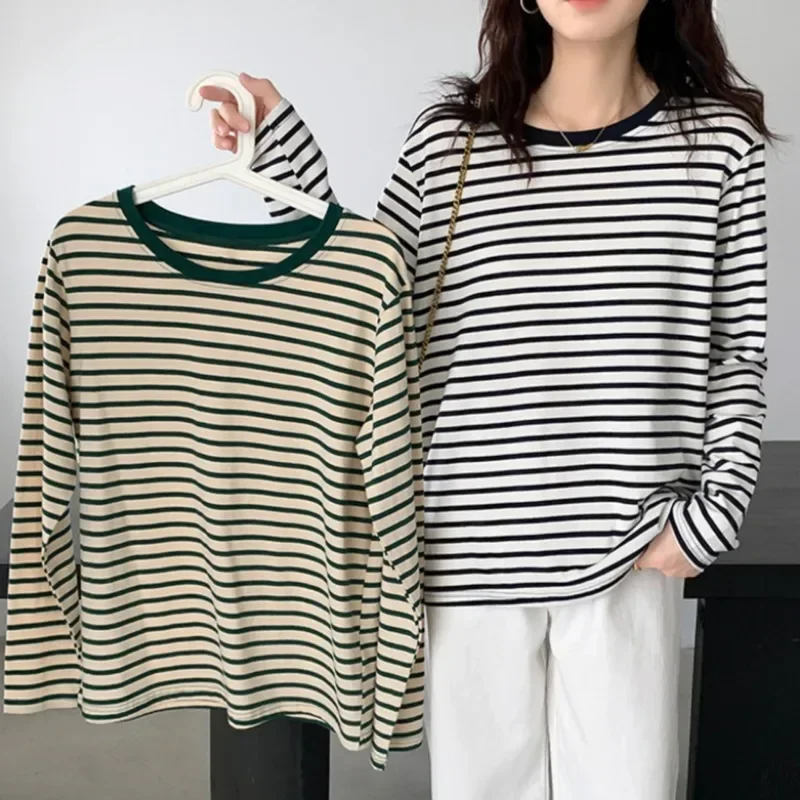 Women New Striped T-shirts Long Sleeve O-neck Contrast Tops Spring Autumn Fashion All-Match Tees Cotton Casual Bottoming Shirts