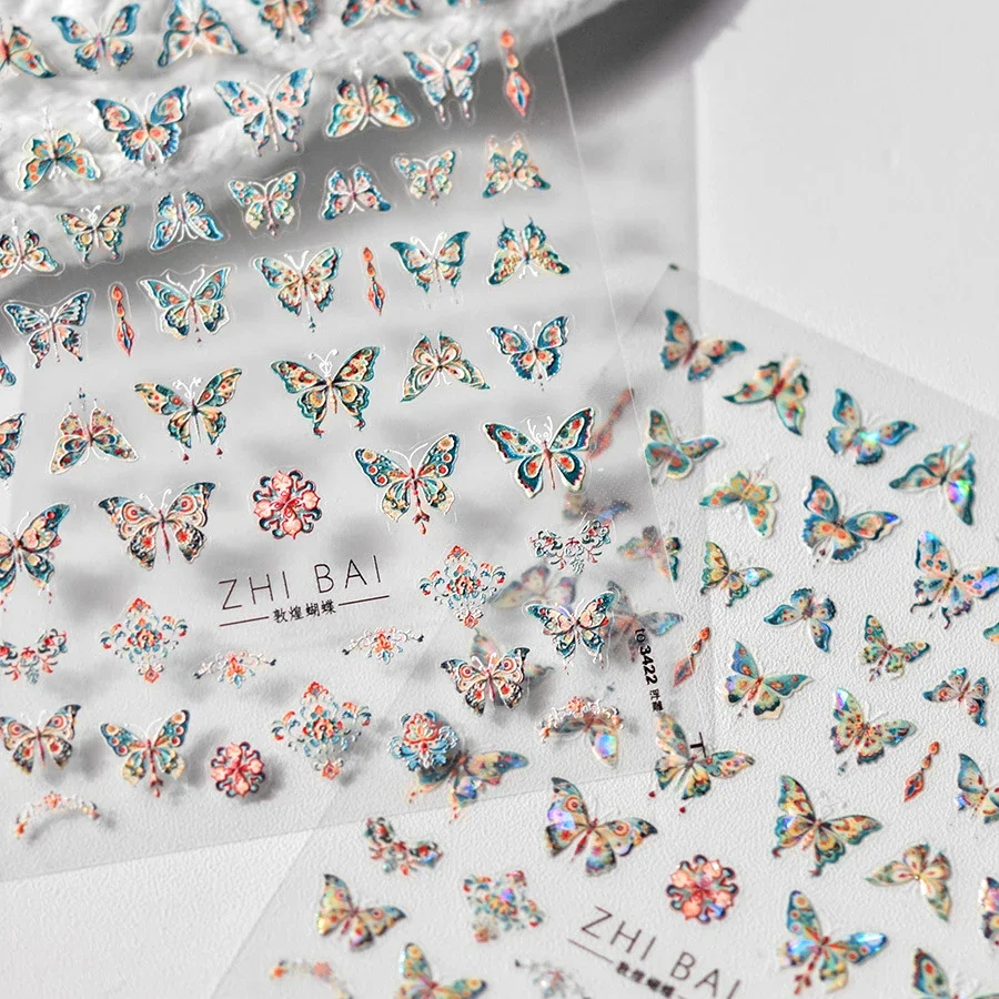 1 Piece 5D Retro Colorful Hand-painted Butterfly Nail Stickers Shell Light Butterfly Rhinestone Soft Relief Nail Art Stickers