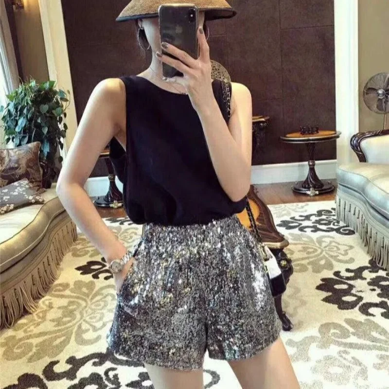 와이드 여성 반바지 스팽글 높은 허리 라인 석 우아한 젊은 저렴한 의상 착용 도매 여성 짧은 바지