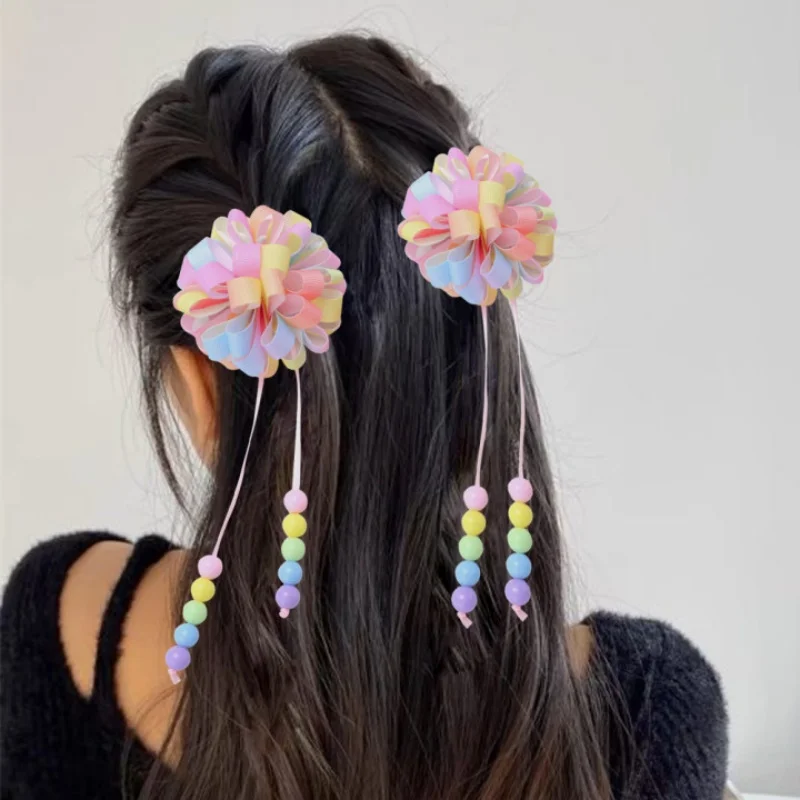 2 PC Hand Sewn Hydrangea Hair Clips for Girls Rainbow Ribbon Hairpins with Bead Pendants Fashion Hair Accessories for Women