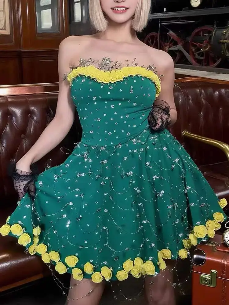 

High Quality Hot Sexy Chest Wrapped Dress 2026 New Fashion French Light Yellow Small Flower Strapless Dress for Women